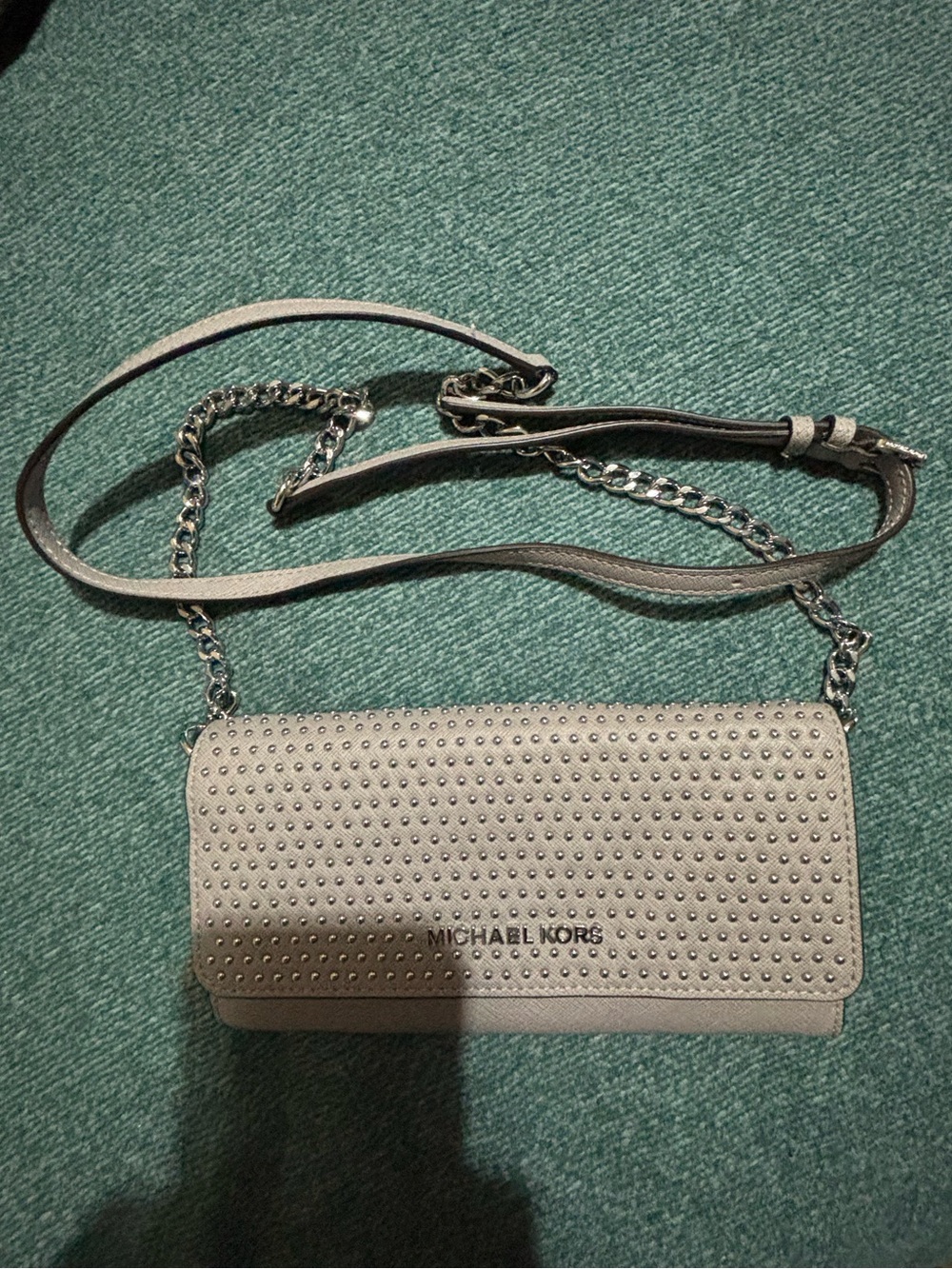 Michael Kors Studded Leather Crossbody in Light Gray With a Chain Strap